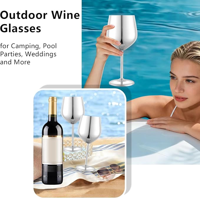 UNISWEET Stainless Steel Wine Glasses Set of 4 Unbreakable Wine Glass 18 oz Unique Metal Wine Goblets for Outdoor, Travel, Camping, Pool, Ideal Gift for Wine Lovers (Mirror-Silver)