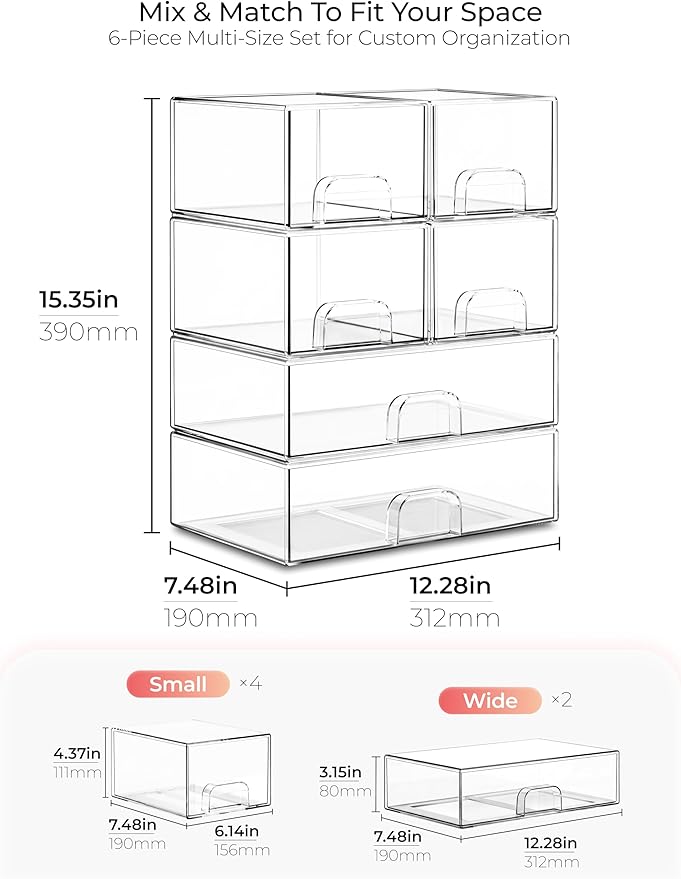 Stackable Storage Drawer Organizers Set of 6 for Bathroom Organizer Storage | Clear Plastic Organizer Bins for Baby Bottle, Kitchen Under Sink, Laundry, Pantry, Beauty, Cabinet, Medicine, Office Supplies