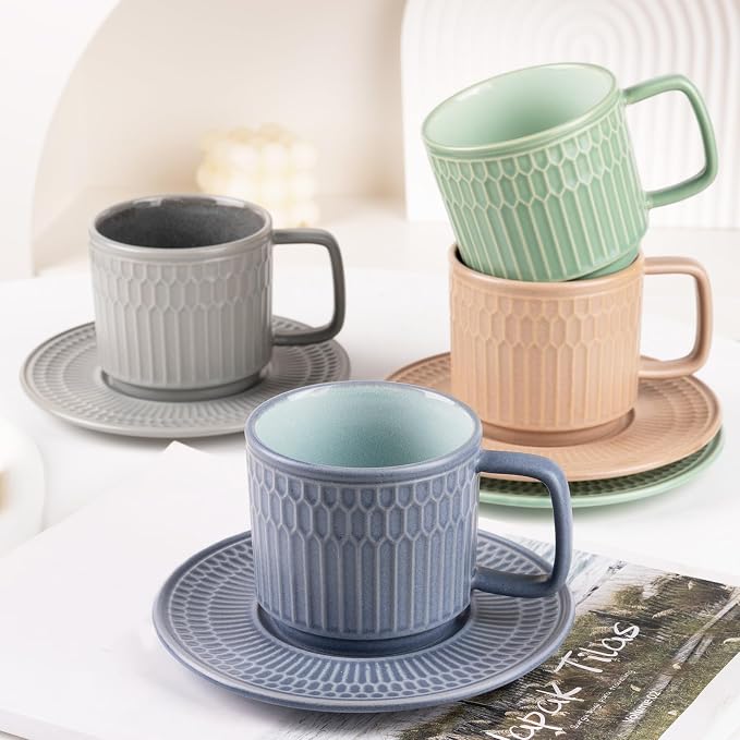 8oz Cappuccino Cups with Saucers Set of 4, 8 Ounce Stackable Embossed Ceramic Coffee Mugs for Specialty Coffee Drinks, Latte Mugs, Cafe Mocha and Tea, Dishwasher & Microwave Safe (Mix)