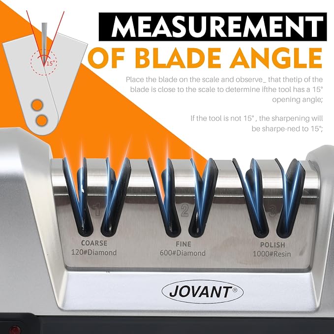 JOVANT 15° Electric Knife Sharpener for Kitchen Knives with 3-step Sharpening System and Diamond Abrasives Suitable for most Metal Ceramic Knives