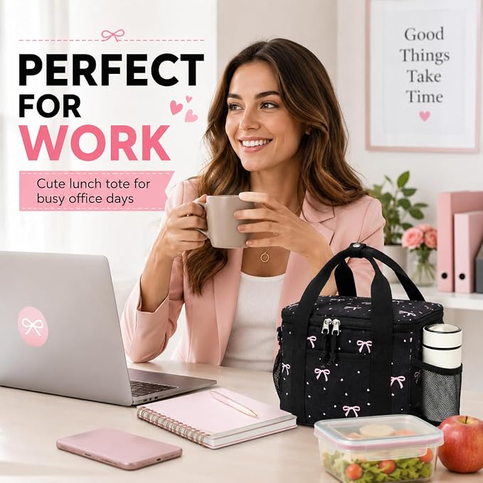 BTOOP Insulated Lunch Box for Women, Cute Corduroy Lunch Bag with Shoulder Strap, Leakproof Wide-Open Lunch Tote for Work, Office, School, Picnic, Pink Bow-Black