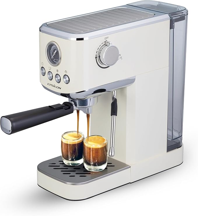Epsilon Coffee Machine with Milk Frother, Compact 20-Bar Espresso Maker, Hot and Iced Coffee Maker with Removable Water Tank, Cold Brew Feature, and Steam Wand, 1.2L Capacity - Stainless Steel
