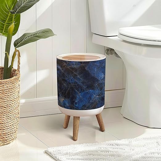 Trash Can with Lid Natural Marble Surface Rock Stone Emperador Blue marbel Press Top Round Small Garbage Bin with Wooden Legs Waste Basket for Kitchen Bedroom Nursery 7L/1.8 Gallon