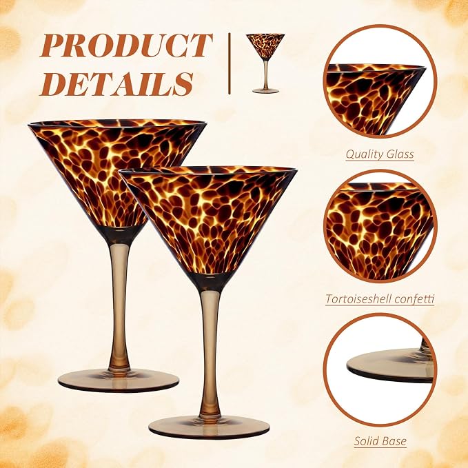 Honeydak Set of 4 Tortoise Leopard Print Martini 7oz Brown Rocks Glasses Stylish Stemless Cocktail Cups Tortoise Glassware Tumbler Ideal for Gin, Tequila, Vodka, Soft Drinks