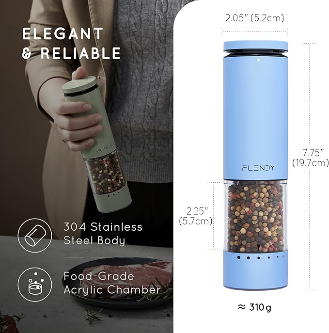 Flendy Electric Salt and Pepper Grinder Set Rechargeable, Automatic Salt and Pepper Grinder Set with Oversized Top Button, Stainless Steel Electric Salt and Pepper Shakers Set