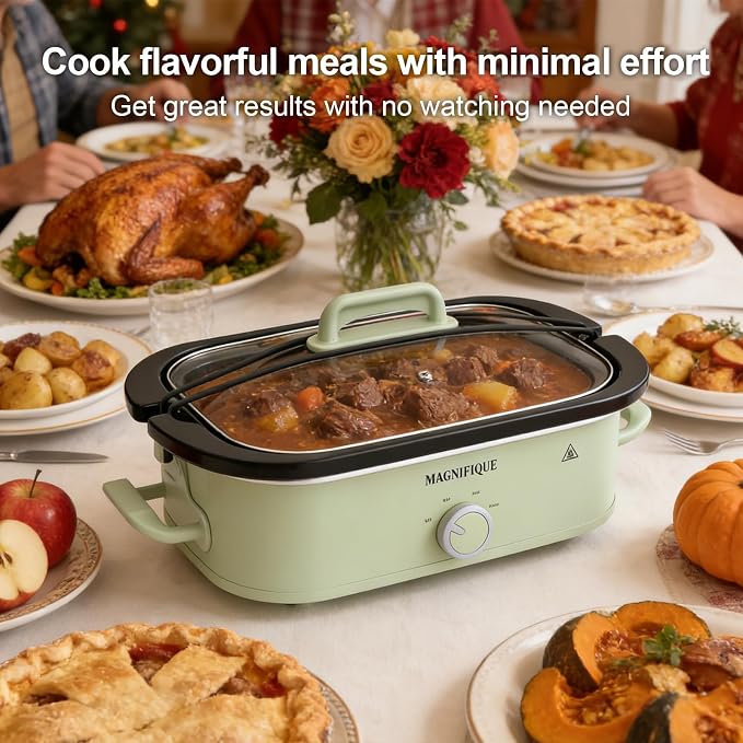 MAGNIFIQUE 4 Quart Slow Cooker with Ceramic Nonstick Baking Dish, Adjustable Temperature, Oven Safe for Lasagna & Roasts, Dishwasher Safe Stoneware & Tempered Glass Lid, Compact Crock Pot, Sage
