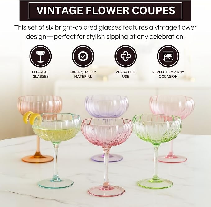 Khen Flower Vintage Wavy Glass Coupes Martini, Champagne & Cocktail Coupes - Set of 6-7oz Colorful Cocktail Glasses & Champagne, Prosecco, Mimosa Glassware Copyright Design - Bright Colors
