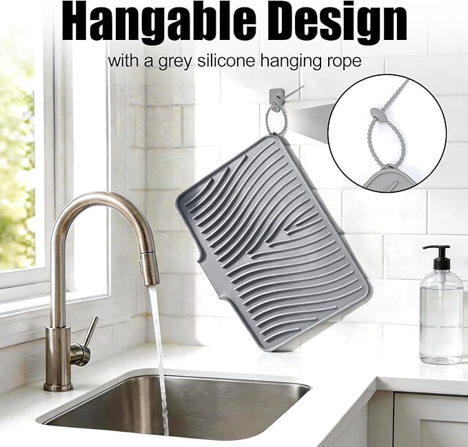 TIKNIK Silicone Dish Drying Mat, Stone Drying Mat for Kitchen Counter with Built-In Drain, Non-Slip Drain Pad with Built-in Drain, Heat Resistant Stone Drying Mat, Hangable, Grey-1pcs, 16" x 12"
