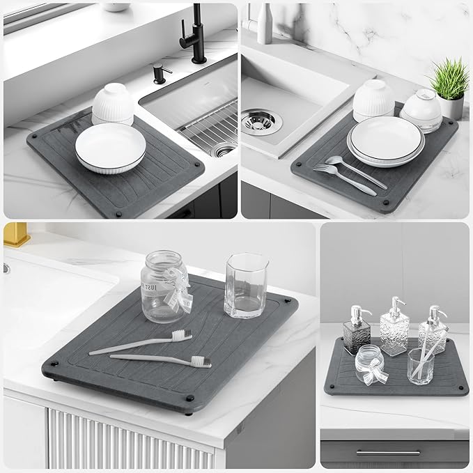 Stone Dish Drying Mats for Kitchen Counter 15.7"x 11.8" Quick Dry Stone Drying Mat Super Absorbent Diatomaceous Earth Drying Mat with 4 Non-Slip Stainless Steel Feet for Dishes&Cups Dark Grey