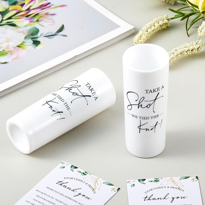 Sliner 50 Set Wedding Favors for Guests Bulk 2oz Acrylic Take a Shot We Tied the Knot Shot Glasses with Thank You Cards Organza Bags for Guest Souvenir Wedding Bridal Shower Gifts (White,Black)