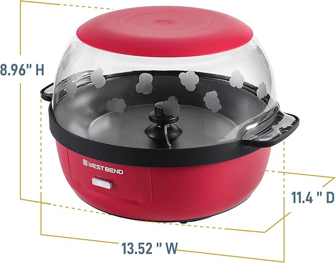 West Bend Stir Crazy Hot Oil Popcorn Popper, Popcorn Maker Machine with Large Serving Bowl Lid and Stirring Rod, 6-Qt., Red