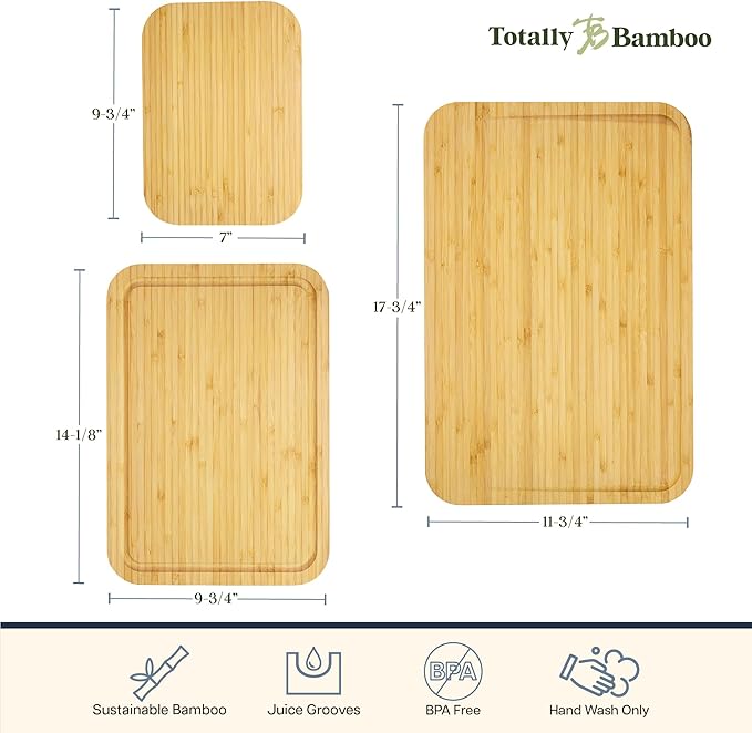 Totally Bamboo 3-Piece Bamboo Cutting Board Set – Cutting Boards for Kitchen with Juice Groove & Collection Well – Large, Medium & Small Sizes for Food Prep & Charcuterie