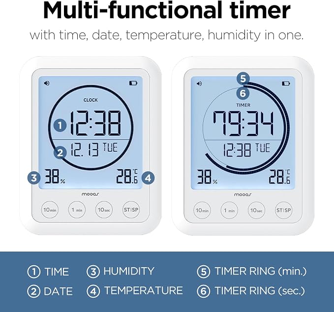 mooas Shower Clock with Waterproof Timer, Temperature, Humidity + Metal Touchless Automatic Liquid Soap Dispenser, Stainless Steel, Rechargeable, IPX5 Waterproof for Bathroom, Kitchen, Handwashing