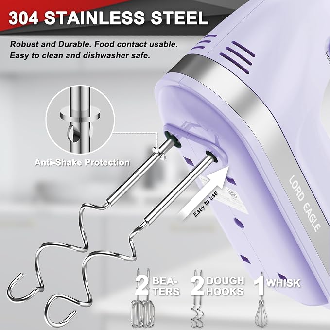 Lord Eagle Hand Mixer Electric Handheld 400W, 5-Speed Lightweight Kitchen Mixer with Storage Case, 5 Stainless Steel Attachments for Baking Cake Egg Cream Food Beater, Turbo+Eject Button, Purple