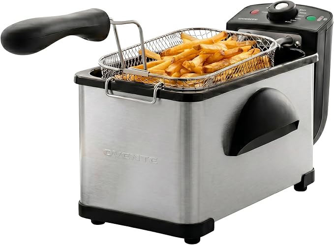 OVENTE Electric Deep Fryer 2 Liter Capacity, 1500 Watt Lid with Viewing Window and Odor Filter, Adjustable Temperature, Removable Frying Basket and Easy to Clean Stainless Steel Body, Silver FDM2201BR