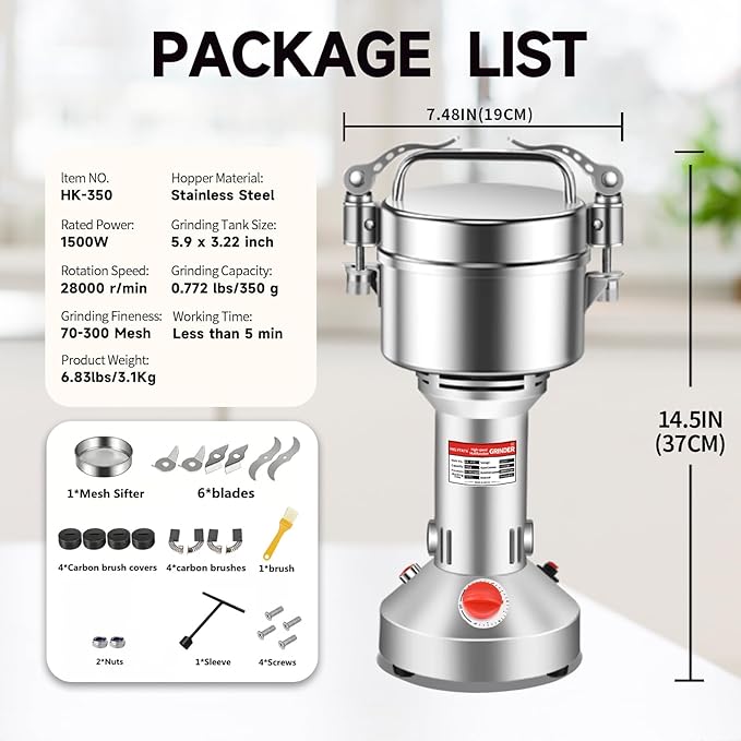 350g Grain Grinder 1500W Electric Spice Grinder High-Speed Stainless Steel Flour Mill Suitable for Coffee/Corn/Pepper/Herbs/Wheat/Rice