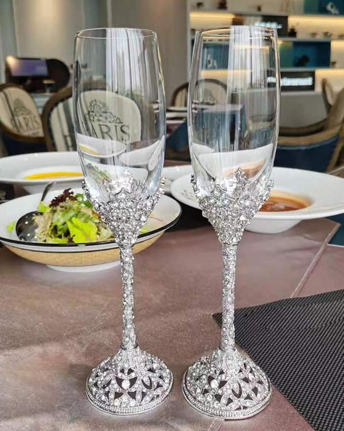 Champagne Flutes - Crystal Glass Metal Base With Crystal Stones, Set of 2 Toasting Flute Pair, Wedding Anniversary Party Birthday Banquets and Gifts for Bride and Groom(Silver)