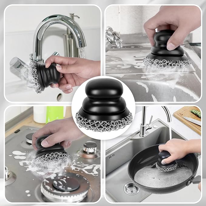 Onewly Cast Iron Scrubber (2 × Black Coarse Mesh) and and Scraper, Chain Mail Scrubber for Cleaning Stock Pots, Pans, Griddles, Grills, Cast Iron Skillets, Dish Scouring Pads