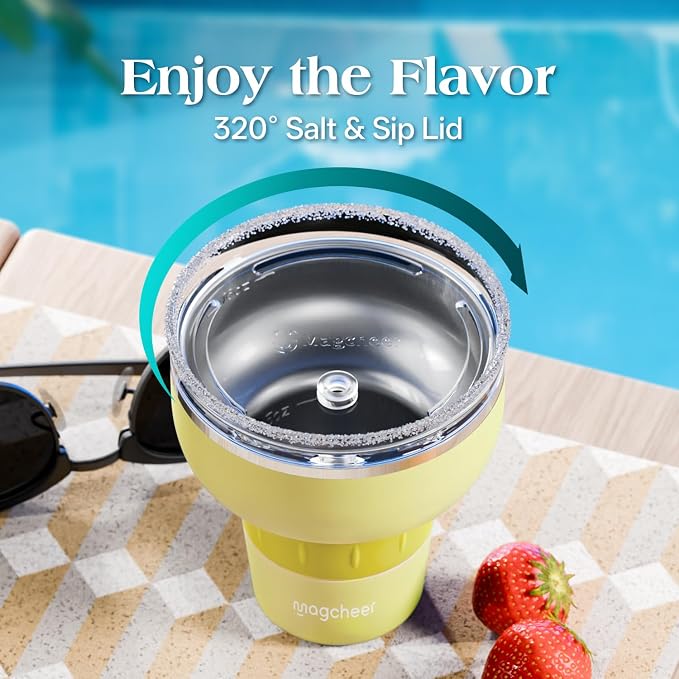 16 oz Stainless Steel Insulated Cocktail Tumbler with Lid and Straw - 320 Sippable Stemless Margarita Wine Cup for Party | Yellow