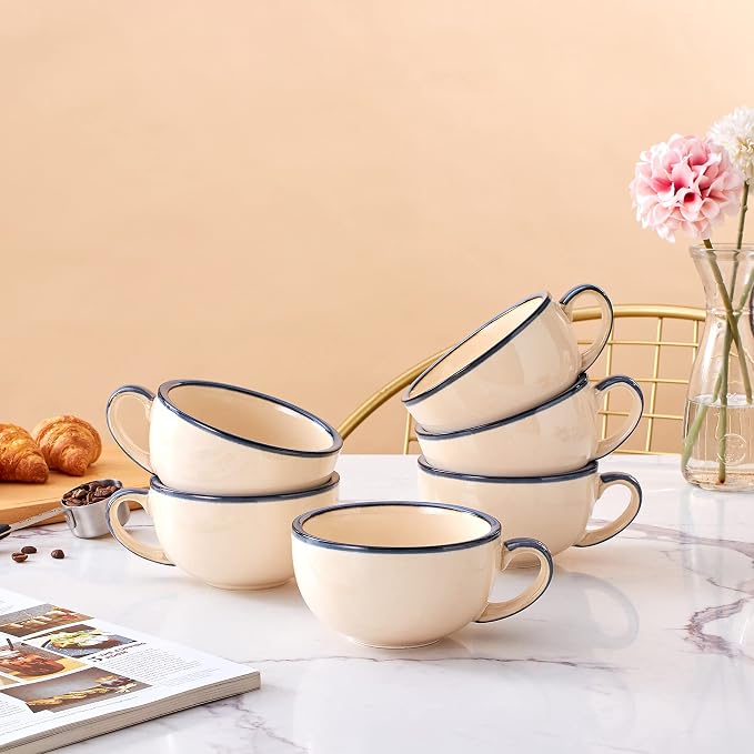 Coffeezone Set of 6 Cups Vintage Design 12 oz Professional Barista Ceramic Latte Art Cappuccino Cups Set (Beige * 6)