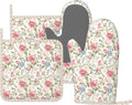 Oven Mitts and Pot Holders Flower Boho Rose Floral Silicone Kitchen Accessories Set of 4 Heat Resistant Long Gloves Potholder Non-Slip Grip for Chef Cooking Baking Grilling BBQ