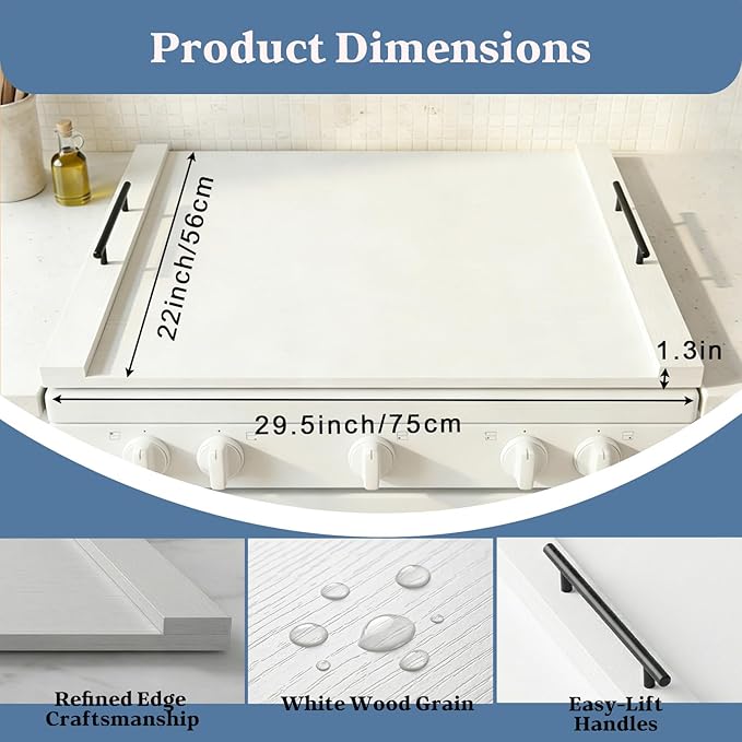 White Stove Top Cover for Gas & Electric Range | 30"x22" Farmhouse Noodle Board with Handles | RV Kitchen Workspace Saver