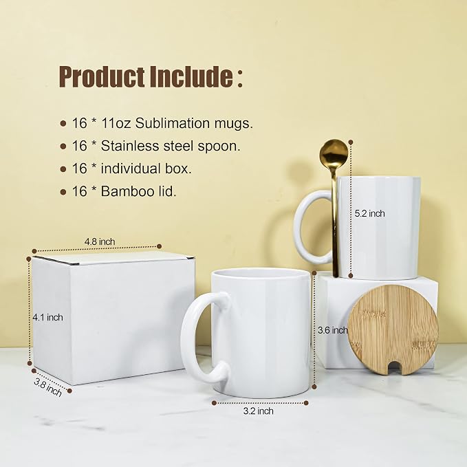 AGH 16pcs 11 oz Sublimation Mugs Blanks, White Coffee Ceramic Mugs Bulk, Plain Mug Cups for Sublimation with Bamboo Lids and Stainless Steel Spoon For Coffee, Soup, Tea, Milk, Latte