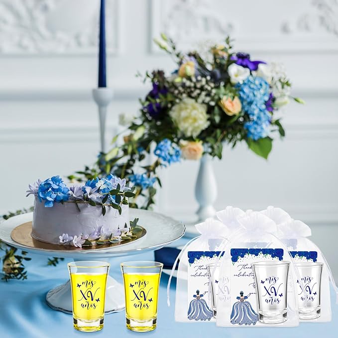 Havawish 25 Sets Quinceanera Party Favors for Guests Quinceanera Acrylic Clear Personalized Shot Glasses Thank You Cards with Organza Bags Mis Xv Años Sweet 15 Birthday Party Favors (Blue)