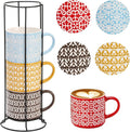 Hiceeden Set of 4 Stackable Coffee Mugs with Rack, 15 oz Colorful Ceramic Coffee Mugs with Metal Stand, Coffee Cup Set for Espresso, Cocoa, Latte, Americano, Cappuccino, Tea, Milk, Multi-colored