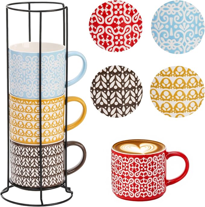 Hiceeden Set of 4 Stackable Coffee Mugs with Rack, 15 oz Colorful Ceramic Coffee Mugs with Metal Stand, Coffee Cup Set for Espresso, Cocoa, Latte, Americano, Cappuccino, Tea, Milk, Multi-colored