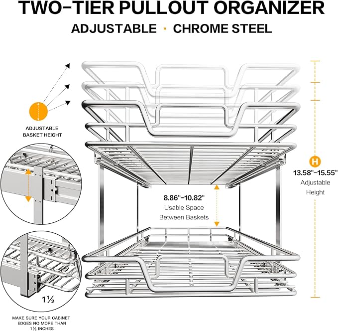 2-Tier Kitchen Cabinet Pull Out Shelf and Drawer Organizer Slide Out Pantry Storaqe Basket in Multiple Sizes (20" Wx 21" D,)
