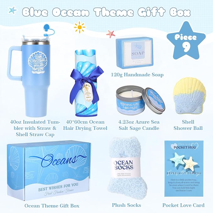 Self Care Gifts for Women,Ocean Birthday Gifts for Women,Spa Care Package | Blue Gift Box,Beach Gift Basket,Relaxation Spa Gifts Set for Women,Get Well Soon Gift,For Mom,Wife,Sister,Her,Best Friend
