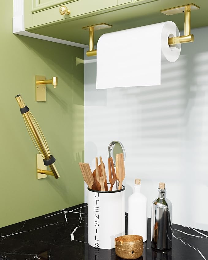 Paper Towel Holder Under Cabinet, Single Hand Operable Roll Holder with Damping Effect,No Drilling or Wall Mounted SUS304 Stainless Steel for Kitchen Bathroom (Brushed Gold)