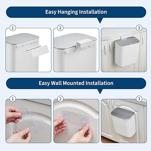 Hanging Kitchen Trash Can with Lid - 2.4 Gallon Small Compost Bin for Cabinet Door, Under Sink - Odor-Sealing Stainless Steel Top Food Waste Bin for RV, Bathroom, Office - Indoor Recycling Bin