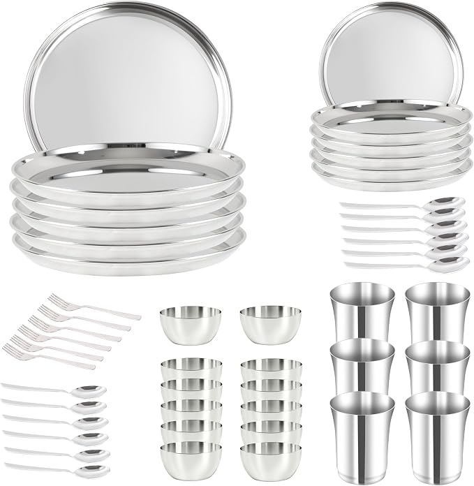 48 Pieces Dinner Set, Stainless Steel Dinnerware Set, Service for 6 (Full Plates, Quarter Dishes, Bowls, Tumblers) Metal Reusable set for Home, Kitchen, Camping, Dishwasher Safe