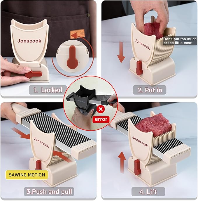 Fresh Meat Slicer, Manual Fresh Meat Cutter, Meal Prep Ideas, Adjustable Thickness 2mm or 4mm, 17 Blades get 18 Meat Slices, Meat Cleavers can be Sliced, Striped, Diced -Pink