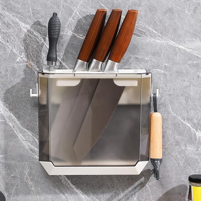 Zerodis Kitchen Knife Holder, Multi Slot Knife Organizer, Plastic Wall Mount, Knife Storage, Easy to Use, Water Tray, Side Hooks, Space Saving, Gray