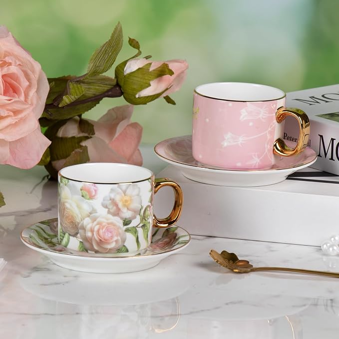 KAMMAK Tea Cups and Saucers Set of 2, Porcelain Coffee Cups, Stackable Espresso Mugs, Ceramic Demitasse for Coffee, Cappuccino, Latte, Americano, Tea, White Rose + Beauty Rose