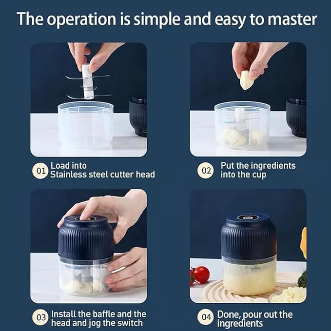 Household Electric Garlic Crusher, Electric Garlic Chopper, Usb Rechargeable Chopper With Stainless Steel Blades, One-Touch Mini Kitchen Helper, Easy To Clean, For Vegetables (Blue*2, 3 blades)