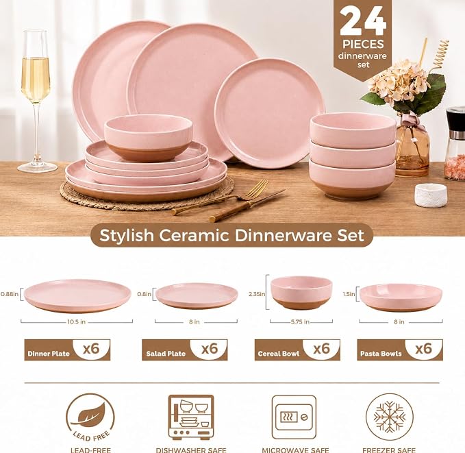 GBHOME 24-Piece Ceramic Dinnerware Set for 6, Handpainted Plates, Pasta Bowls & Bowls Set with Rustic Terracotta Underside, Scratch-Resistant, Dishwasher & Microwave Safe,Speckled Glaze Pink