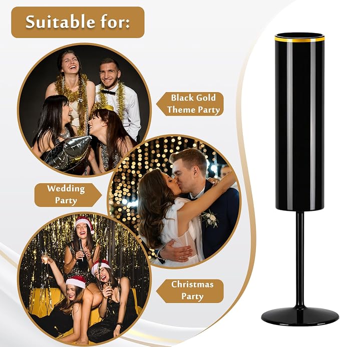 24 Pack Champagne Flute Acrylic 5.4 Oz Black Champagne Flutes Gold Rim Disposable Champagne Glasses Wedding Toasting Glasses Reusable Square Stemmed Wine Glasses for Wedding Christmas Halloween