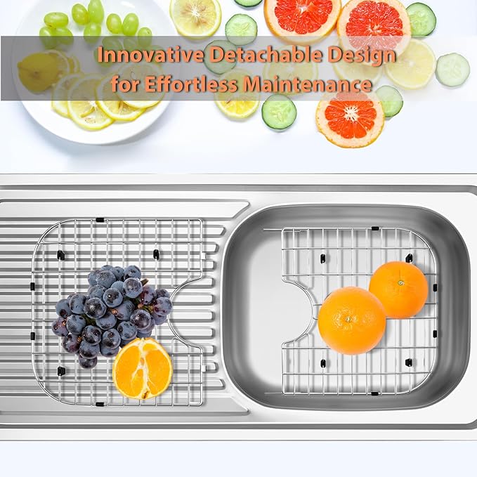 2 Pack Detachable Sink Protectors - 18/8 Stainless Steel Draining Grid & Dish Rack, Medium Hole, Customizable Fit 665 x 362mm (26 3/16 x 14 1/4)