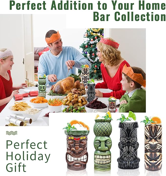 LINALL Tiki Mugs Cocktail Set of 8 - Tumblers Ceramic Hawaiian Luau Party Mugs Drinkware, Cute Exotic Cocktail Glasses, Tiki Bar Professional Hawaiian Party Barware, TKSET0017 (8pcs)