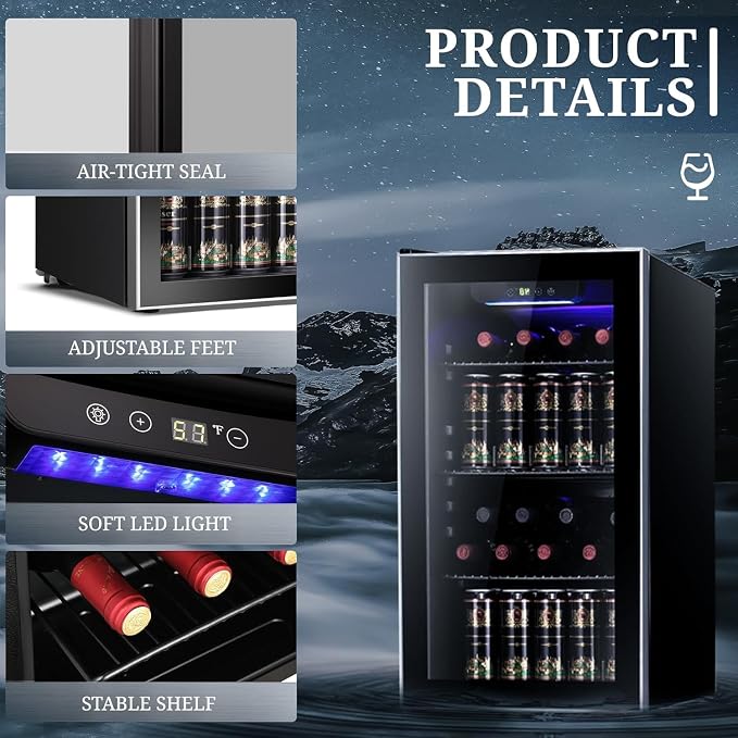 Antarctic Star 26 Bottle Wine Cooler/Cabinet Refrigerator Mini Wine Cellar Beer Soda Clear Glass Door Bar Fridge Quiet Compressor Adjust Temp Freestanding Indoor Use 3.0cu.ft Black