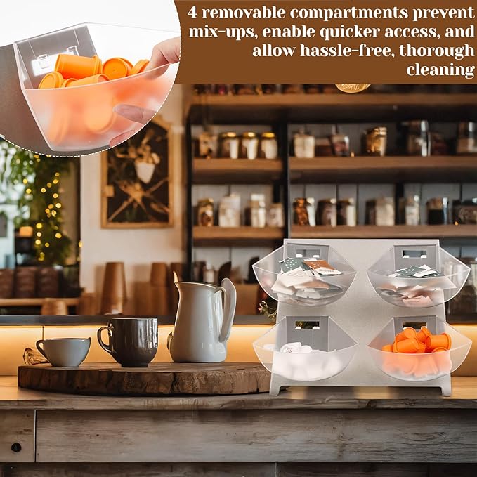 DoubleFill 15.5''x10''x 10.5'' Coffee Condiment Packet Organizer with 4 Removable Compartments Steel Coffee Caddy Station Creamer Sugar Tea Holder for Bar Countertop Office Kitchen Accessories(Silver)
