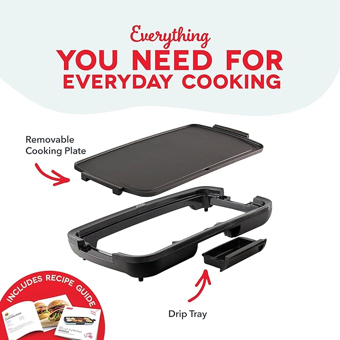Dash Deluxe Everyday Griddle - Electric Griddle with Removable Plate - Nonstick, Easy-Clean Surface & Anti-Slip Base - Recipe Book Included - Black