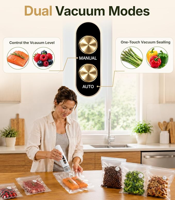 Compact Handheld Vacuum Sealer for Food, Portable Wireless Vacuum Sealer with 60kPa Suction, Dual Modes, Visible Water Reservoir, Includes Complete Set for Food Preservation