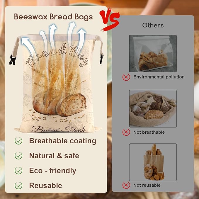 Beeswax Bread Bags for Sourdough, 3 Pack Reusable Bread Bag for Storage - XL 17x13 Inch and 10x8 Inch, Large Linen Bags for Homemade Sourdough - Keep Fresh, Freezer Safe
