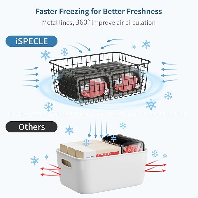 iSPECLE Freezer Organizer Bins - 4 Pack Upright Freezer Baskets for 16/17/21 Cu.Ft Stand Up Freezer, Wire Storage Slide-Out Access, Prevents Items Falling, 2 Large and 2 Medium, Black