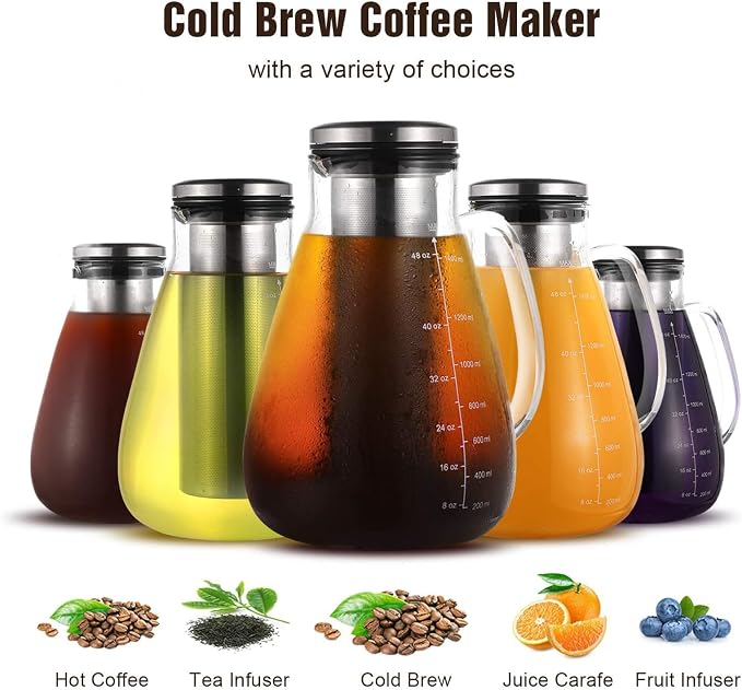 YMMIND Cold Brew Iced Coffee Maker 51oz, Brewed Coffee Pot with Removable Double Mesh 304 Stainless Steel Filter, BPA-Free Cold Brew Pitcher Glass Container, Tea Maker